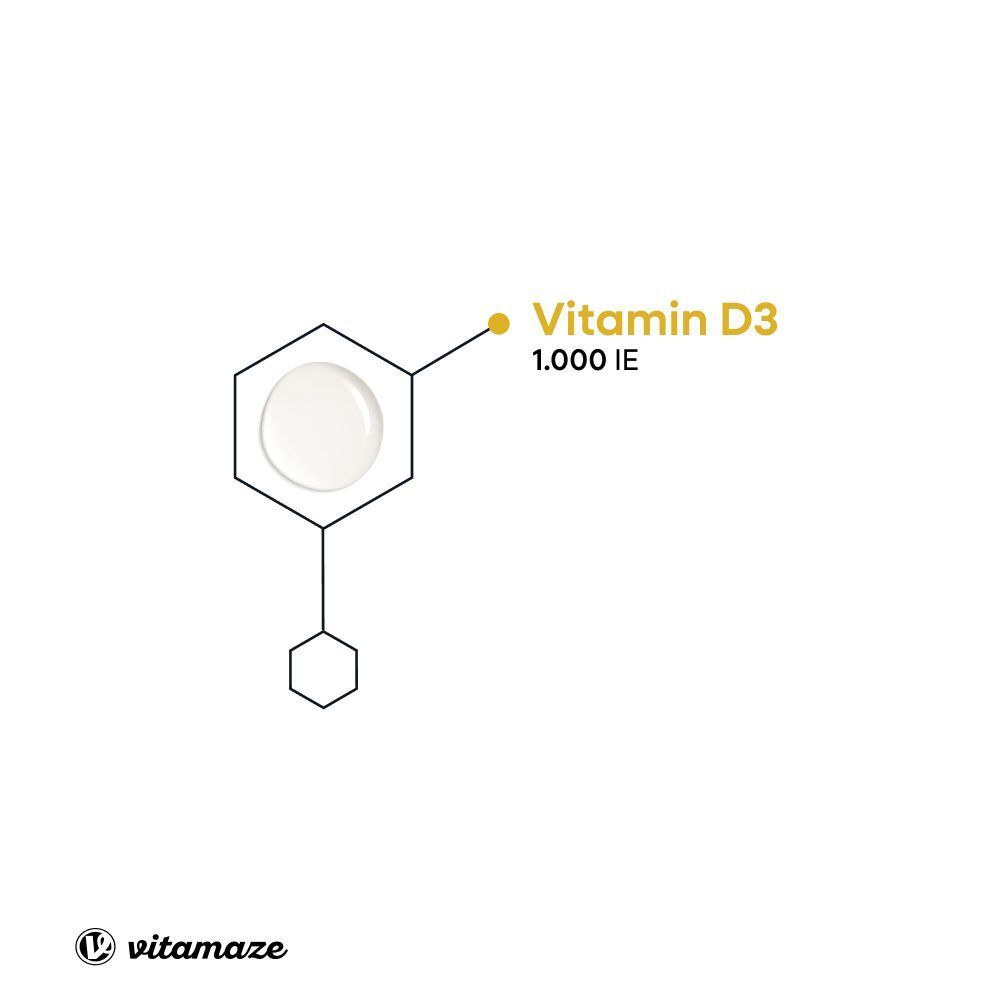 Grafische Darstellung einer Flüssigkeitstropfen. Text: Vitamin D3 1.000 IE.