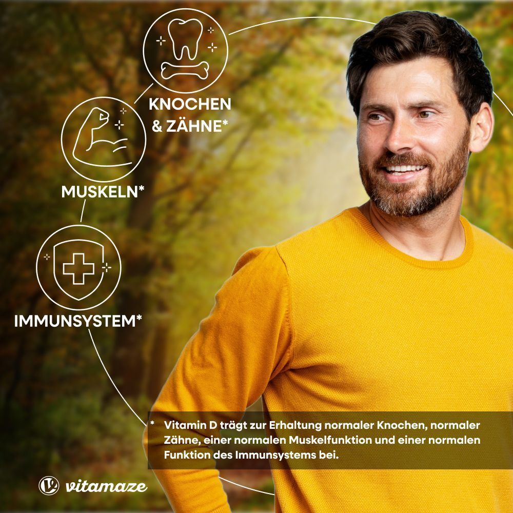 Mann im gelben Pullover. Grafiken: Knochen & Zähne, Muskeln, Immunsystem. Text: Vitamin D trägt zur Erhaltung normaler Knochen, Zähne, Muskeln und Immunsystem bei.