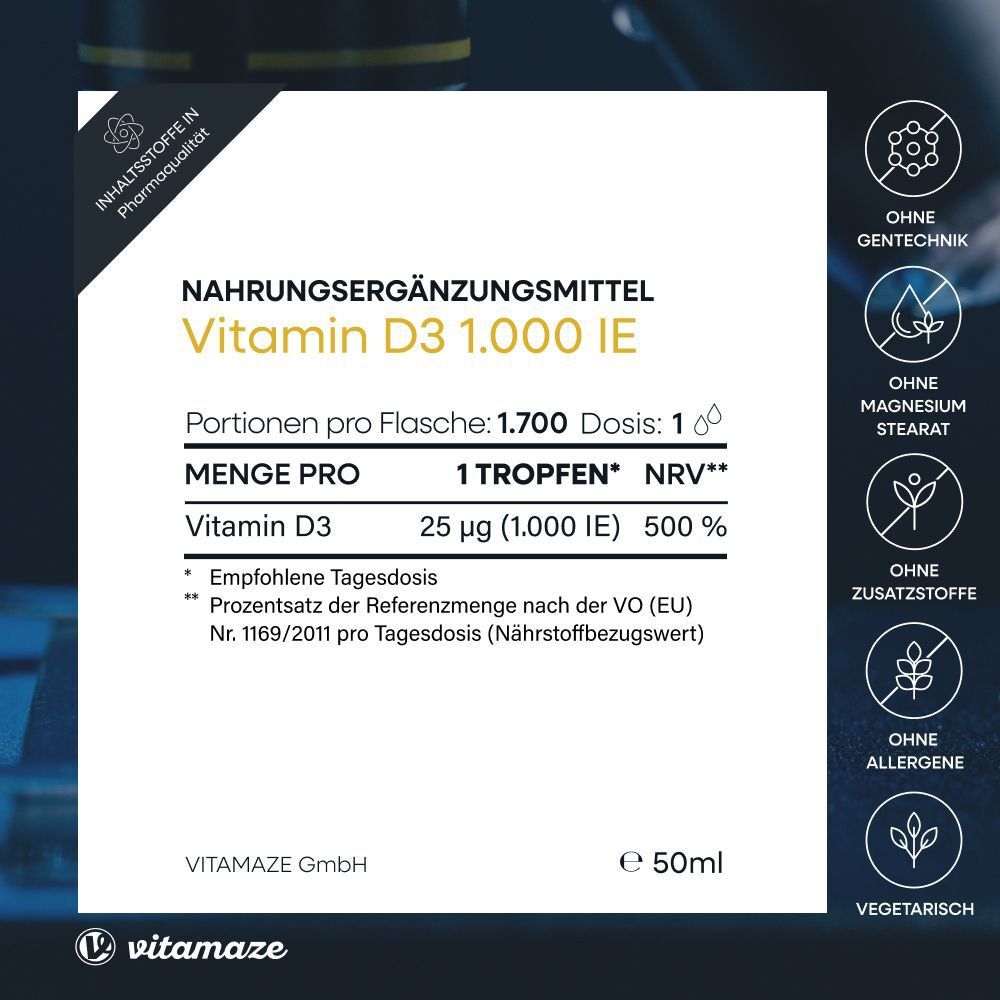 Weißes Etikett mit Text: Nahrungsergänzungsmittel Vitamin D3 1.000 IE. Portionen pro Flasche: 1.700 Dosen: 1 Tropfen. Ohne Gentechnik, Magnesiumstearat, Zusatzstoffe, Allergene.