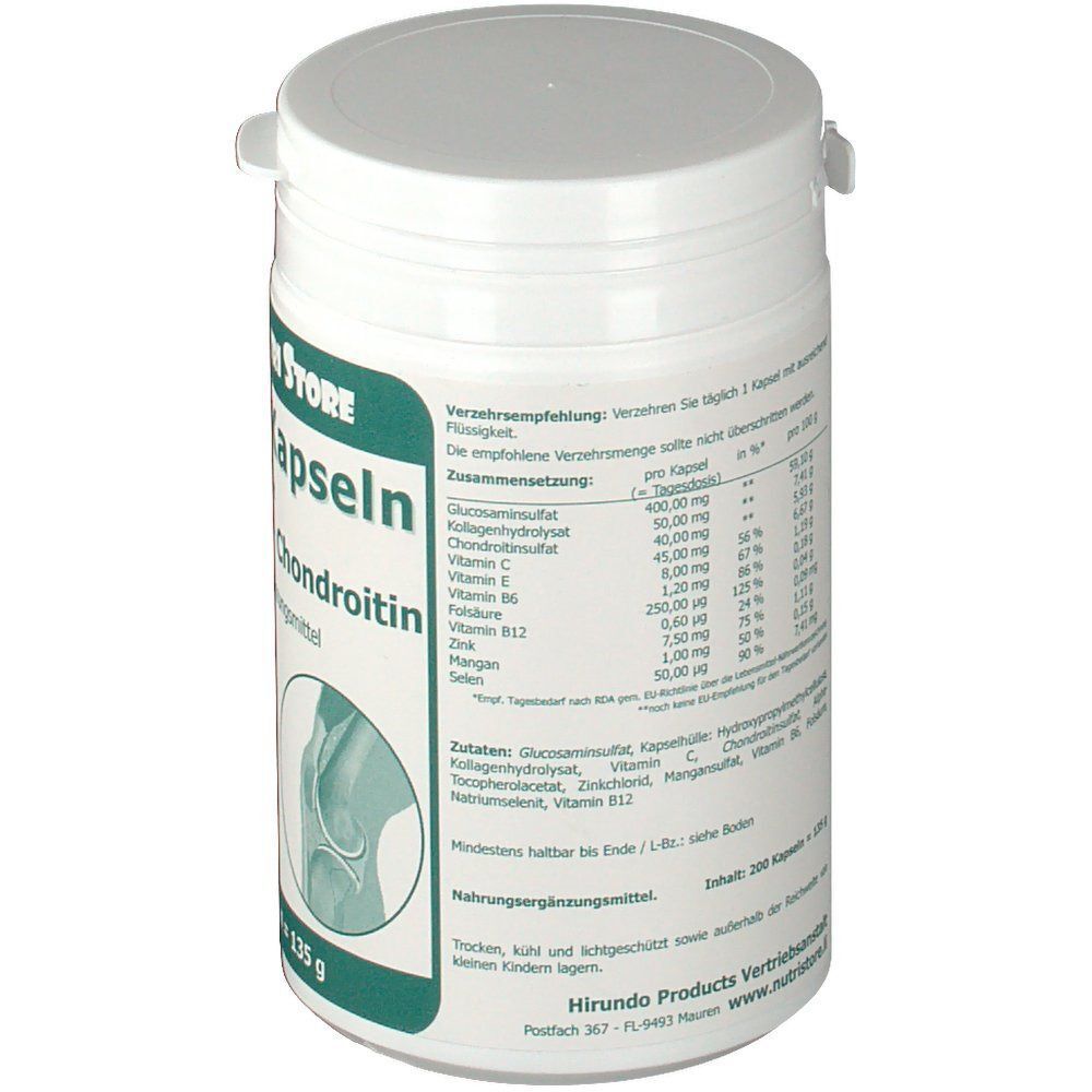 Weiße Dose mit grünem Etikett. Aufschrift: Gelenk Kapseln mit Glucosamin + Chondroitin. Nährwertangaben.