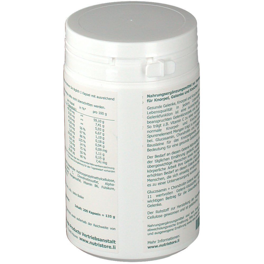 Weiße Dose mit grünem Etikett. Aufschrift: Gelenk Kapseln mit Glucosamin + Chondroitin. Text über Nährwert.