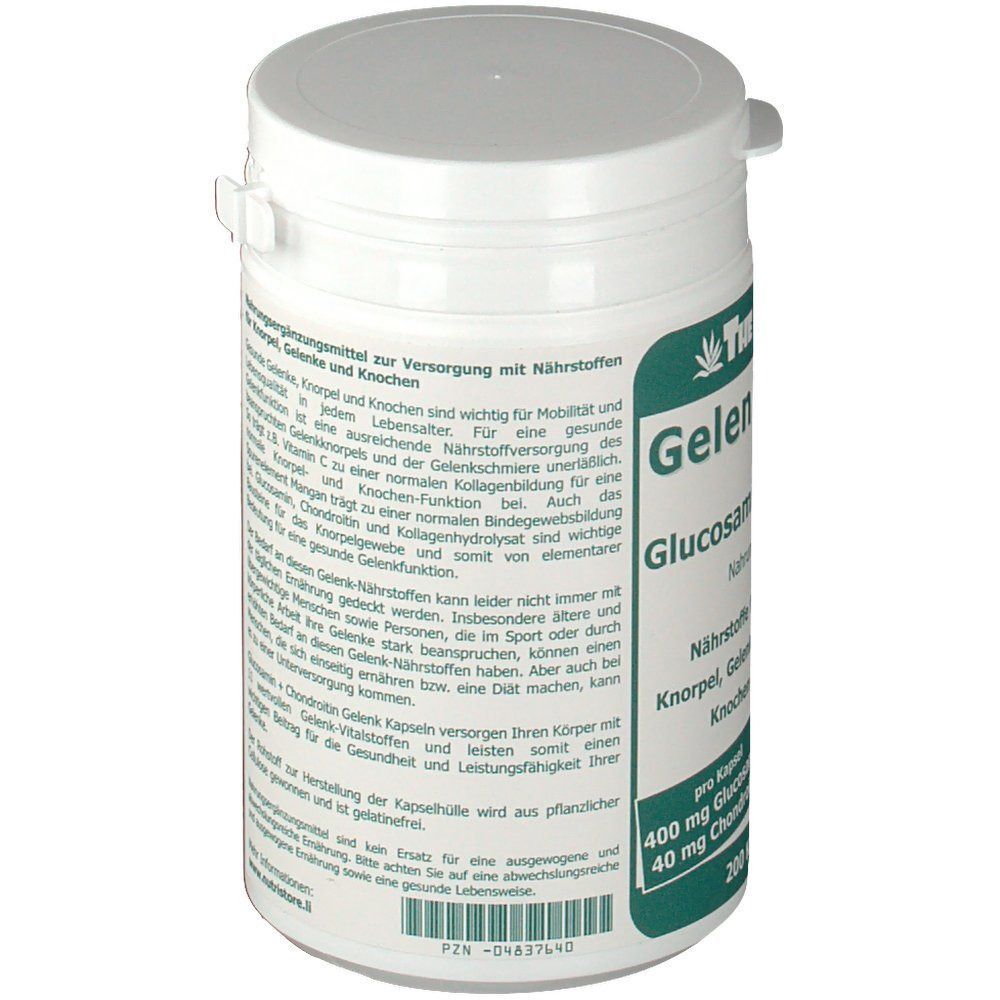 Weiße Dose mit grünem Etikett. Aufschrift: Gelenk Kapseln mit Glucosamin + Chondroitin. Rückseite mit Text.