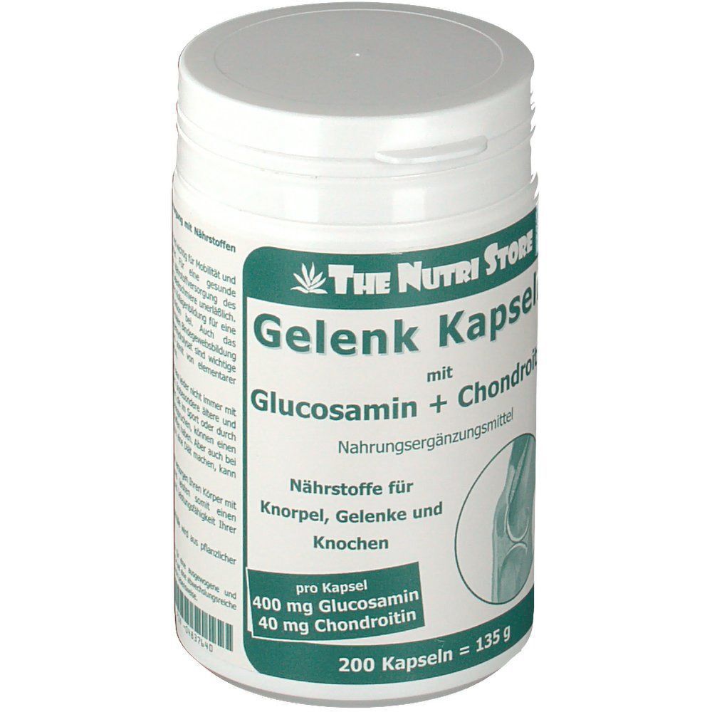 Weiße Dose mit grünem Etikett. Aufschrift: Gelenk Kapseln mit Glucosamin + Chondroitin. 200 Kapseln.