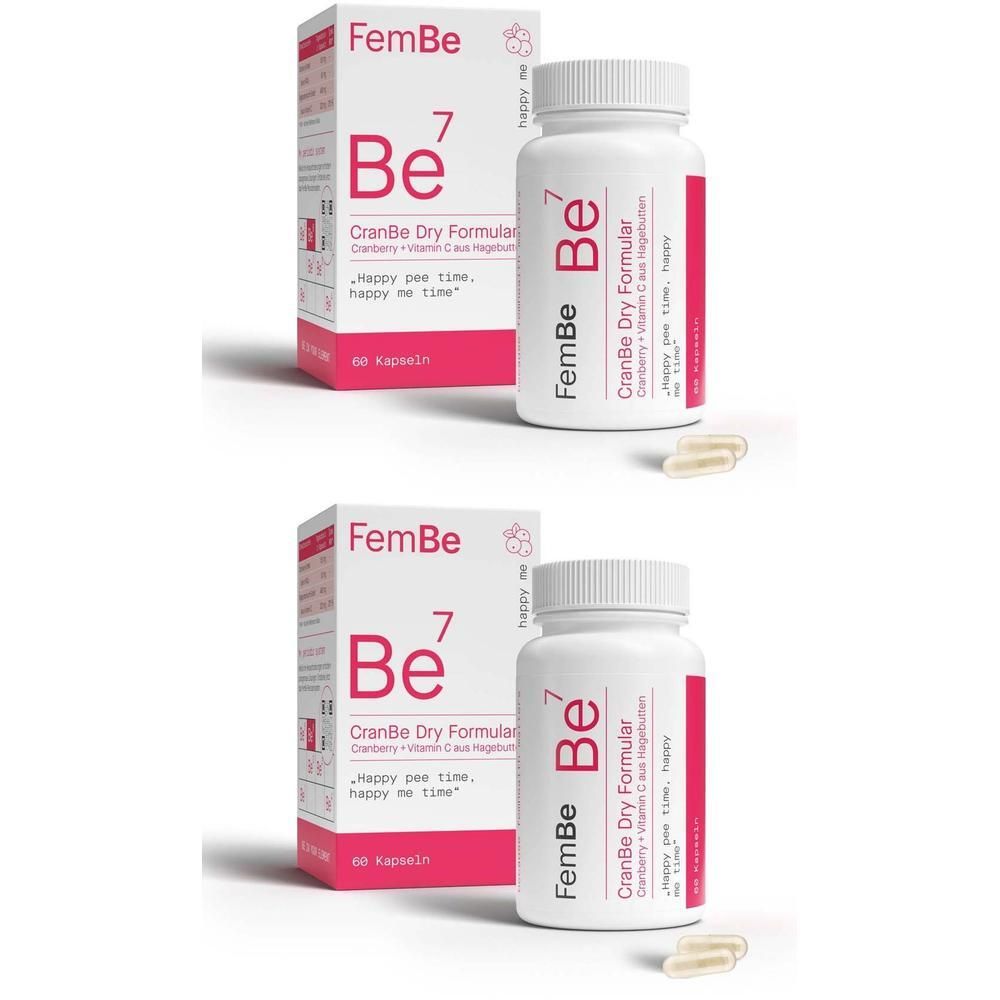 Zwei weiße Flaschen und Kartons mit dem Produktnamen FemBe Be7. Kapseln und Verpackung mit rosa Akzenten.