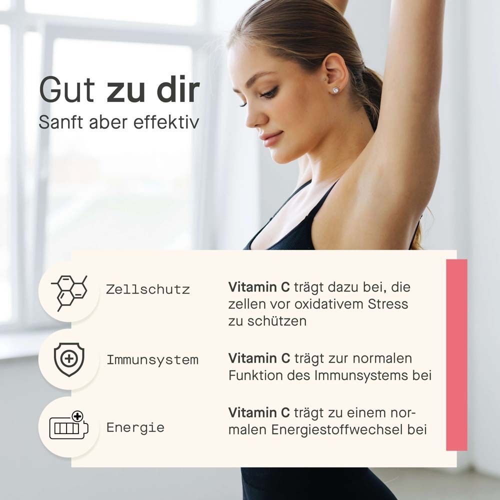 Eine Frau mit erhobenen Armen. Text: Gut zu dir. Zellschutz, Immunsystem, Energie. Vitamin C-Informationen.