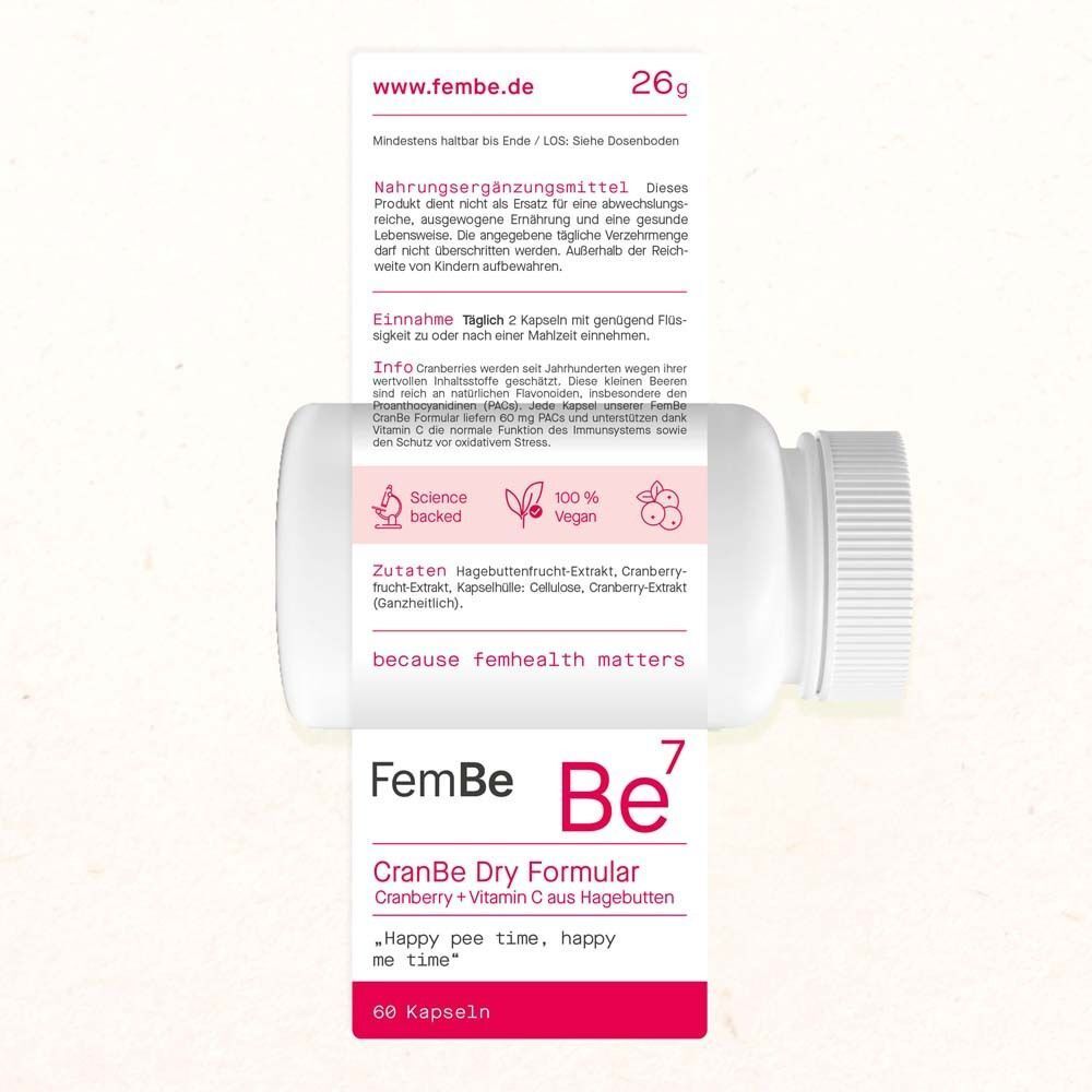 Eine weiße Flasche mit Produktinformationen. Text: FemBe Be7 CranBe Dry Formula. 60 Kapseln. Inhaltsstoffe und Anwendung.