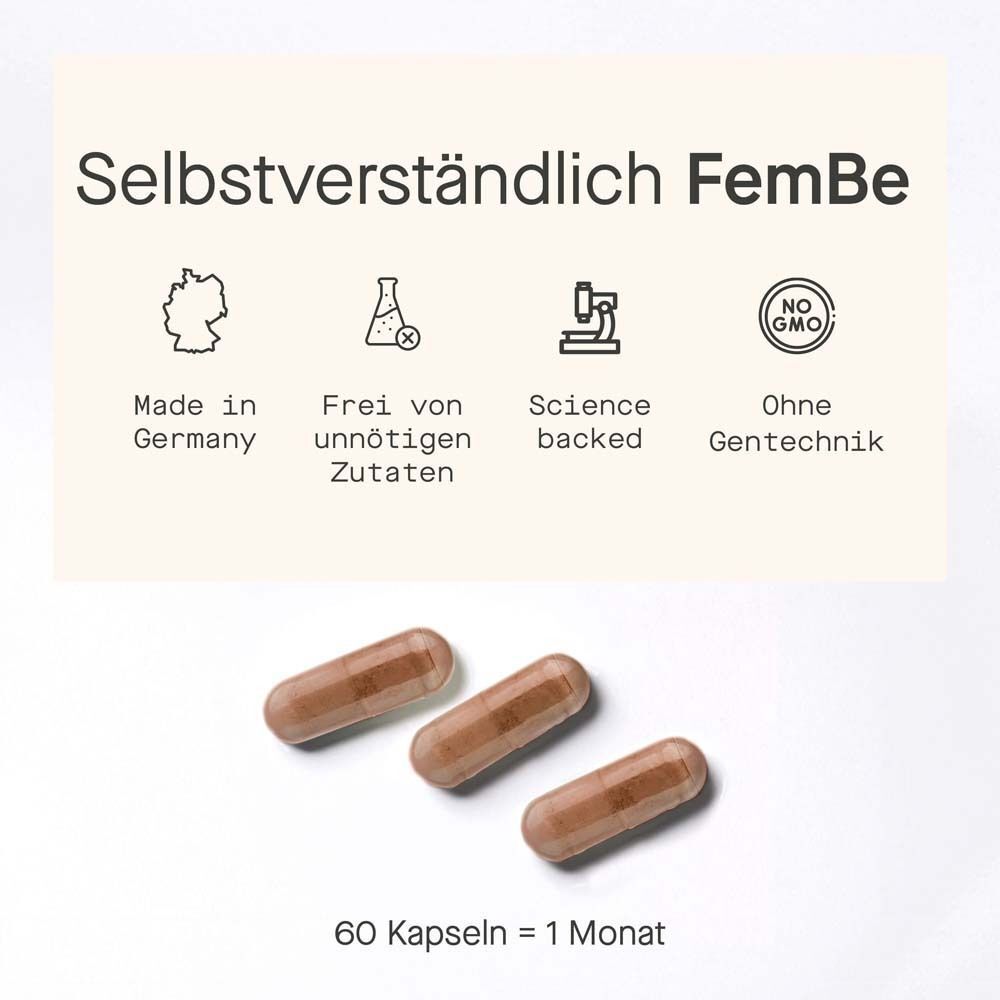 Drei Kapseln auf weißem Hintergrund. Text: Made in Germany, frei von unnötigen Zutaten, Science backed, ohne Gentechnik.