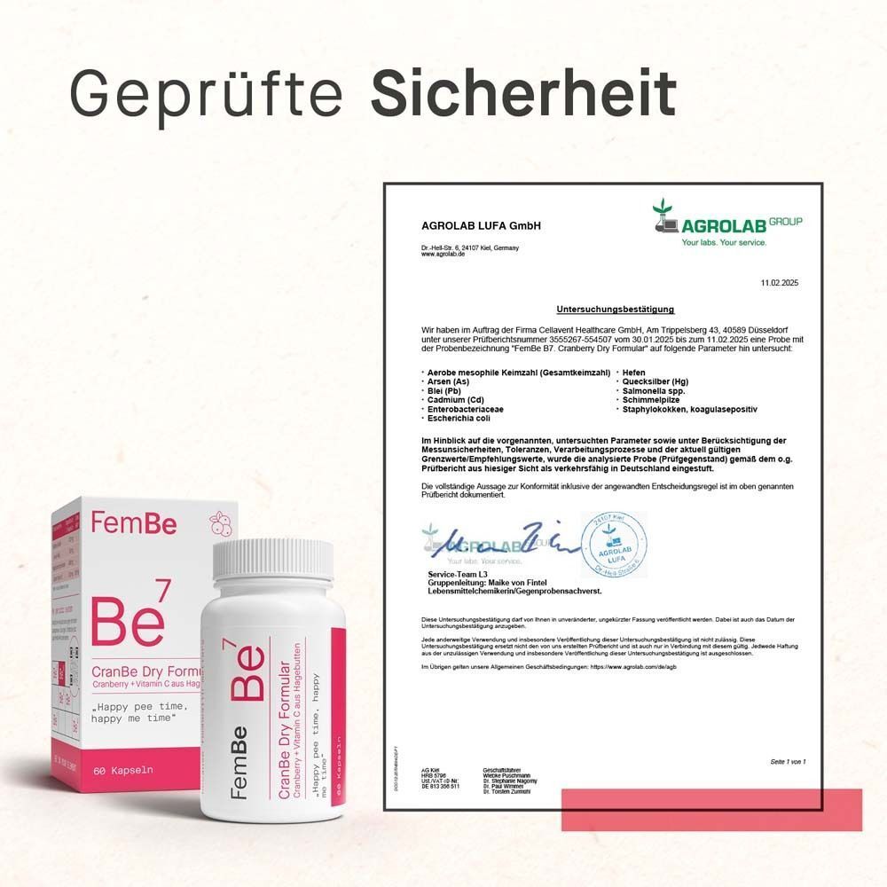 Produktverpackung und Flasche neben einem Zertifikat. Text: Geprüfte Sicherheit. Zertifikat von Agrolab LUFA.