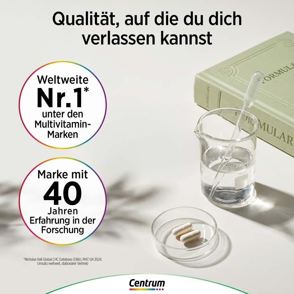 Ein Becherglas mit einer Pipette und Kapseln neben einem Buch. Text hebt "Weltweite Nr. 1" hervor.