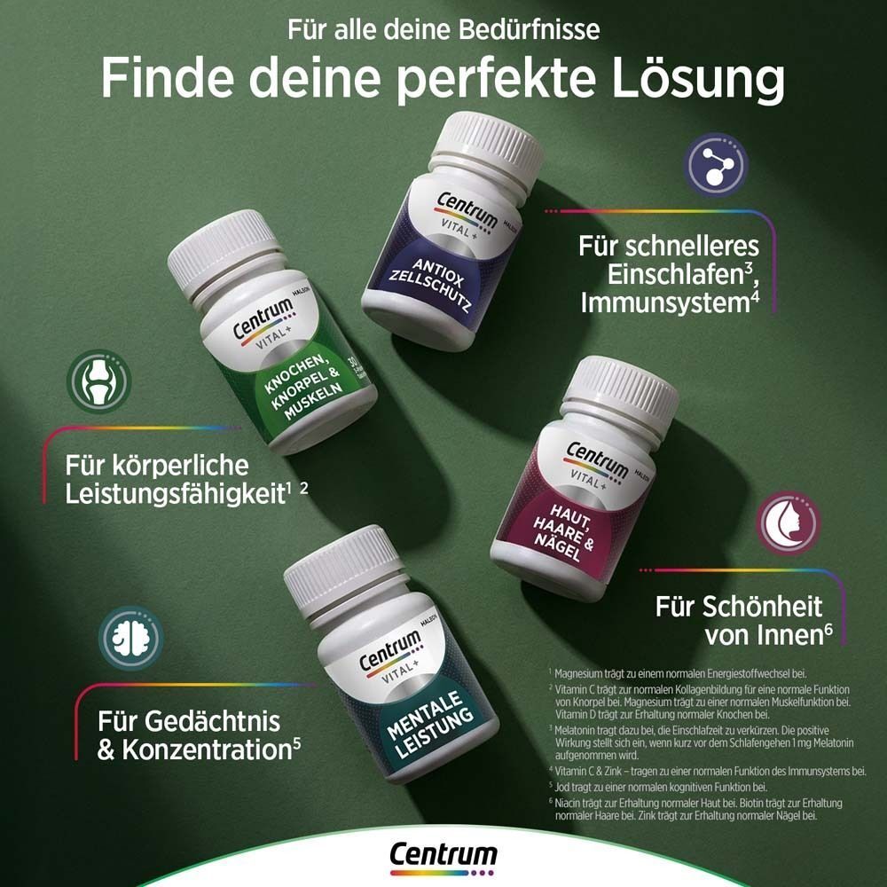 Vier verschiedene Centrum Vital+ Fläschchen für verschiedene Bedürfnisse: Darm, Energie, Haut, Gedächtnis.