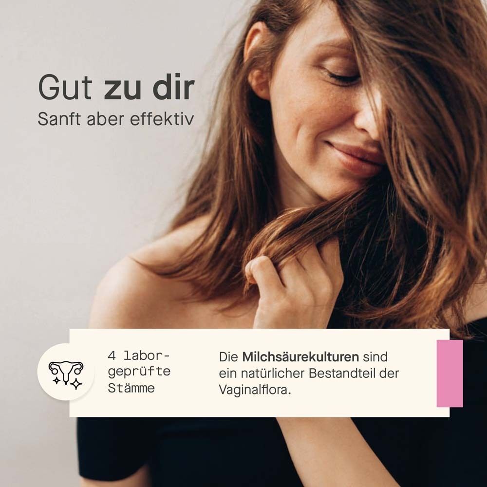 Frau mit geschlossenen Augen. Text: Gut zu dir, 4 geprüfte Stämme, Milchsäurekulturen sind natürlicher Bestandteil der Vaginalflora.