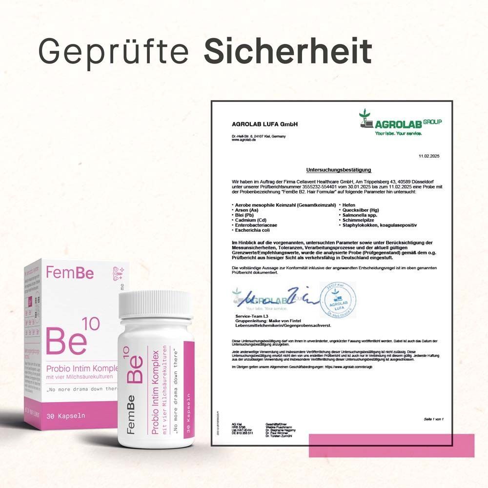 FEMBE Be10 Probio Intim Komplex Flasche und ein Dokument. Text: Geprüfte Sicherheit, Zertifizierung von Agrolab LUFA GmbH.