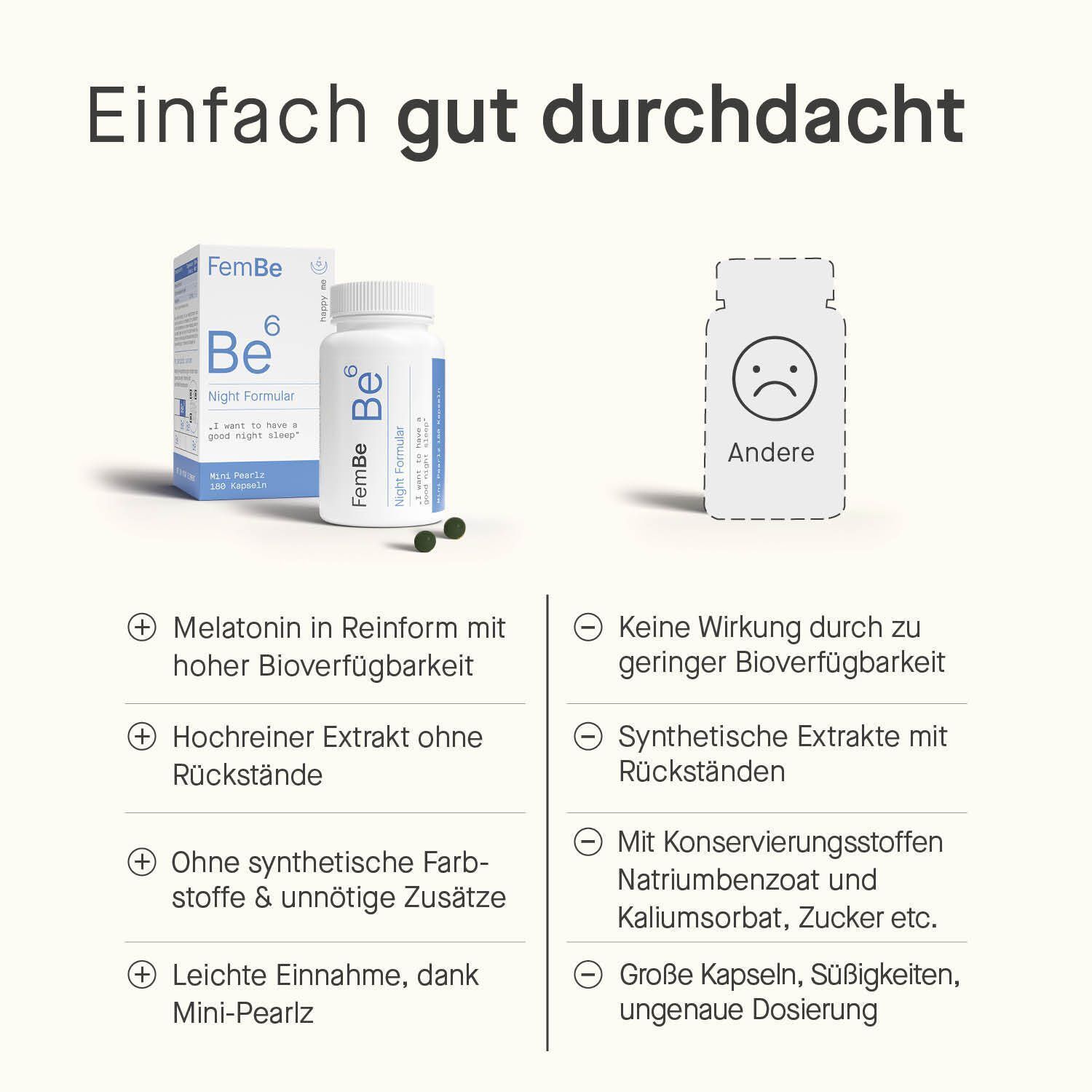 Vergleich: FemBe-Produkt vs. andere. Vorteile: Melatonin, Extrakt, ohne Zusätze, leichte Einnahme. Nachteile: keine Wirkung, synthetisch.
