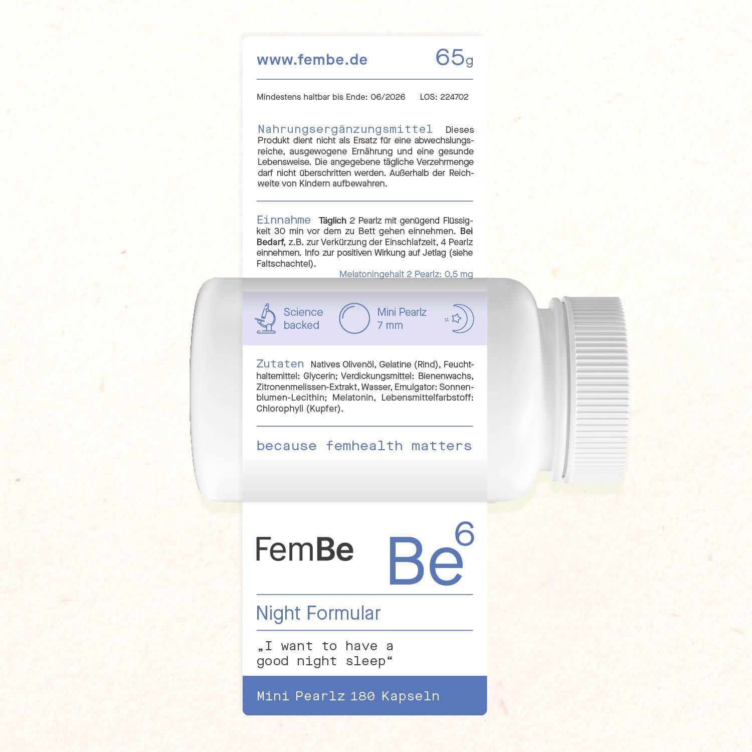 Flasche mit Etikett. Text: FemBe, Be6, Night Formular. Mini Pearlz 180 Kapseln. Inhaltsstoffe, Dosierung.