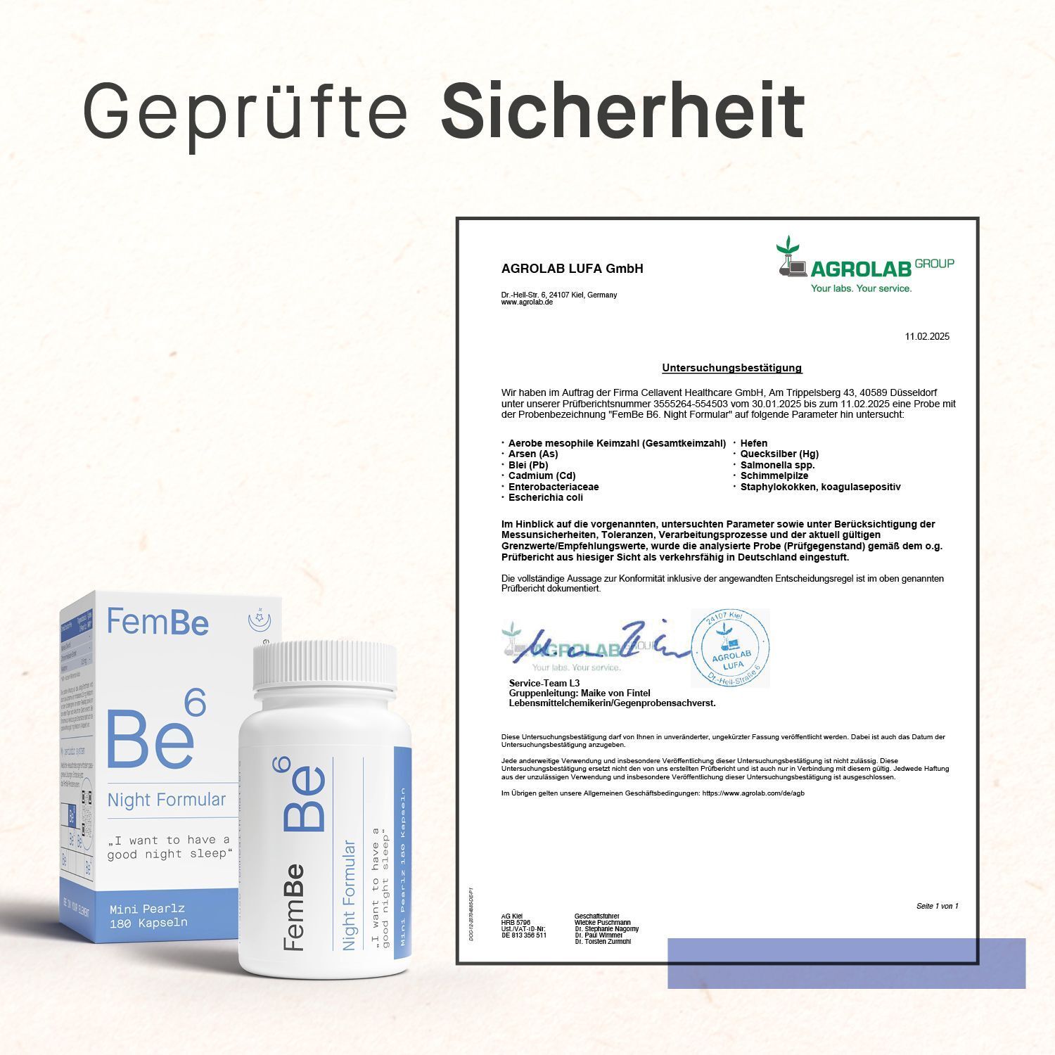 Zertifikat von Agrolab. Text: Geprüfte Sicherheit. FemBe-Produkt und Flasche.
