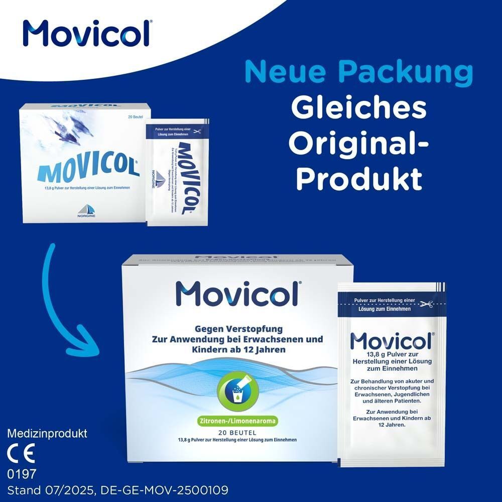 Verschiedene MOVICOL®-Verpackungen und ein Beutel. Text: Neue Packung. Gleiches Original-Produkt.