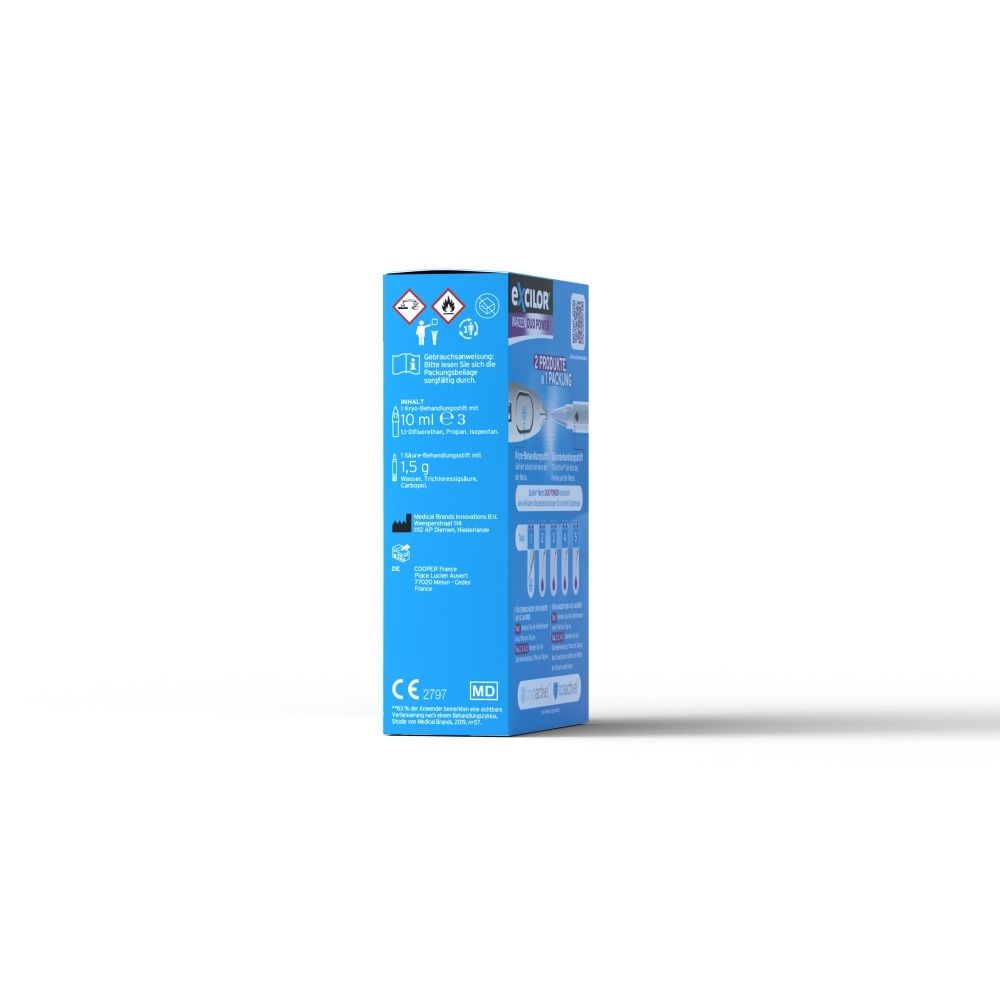 Seitenansicht der Excilor® Warzen Duo Power Verpackung mit CE-Kennzeichnung.
