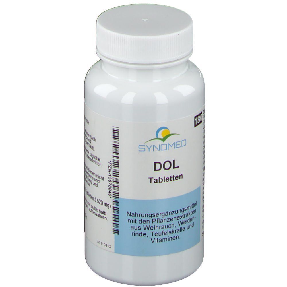 Weiße Flasche SYNOMED DOL Tabletten. Aufschrift: DOL Tabletten. Nahrungsergänzungsmittel mit Pflanzenextrakten.