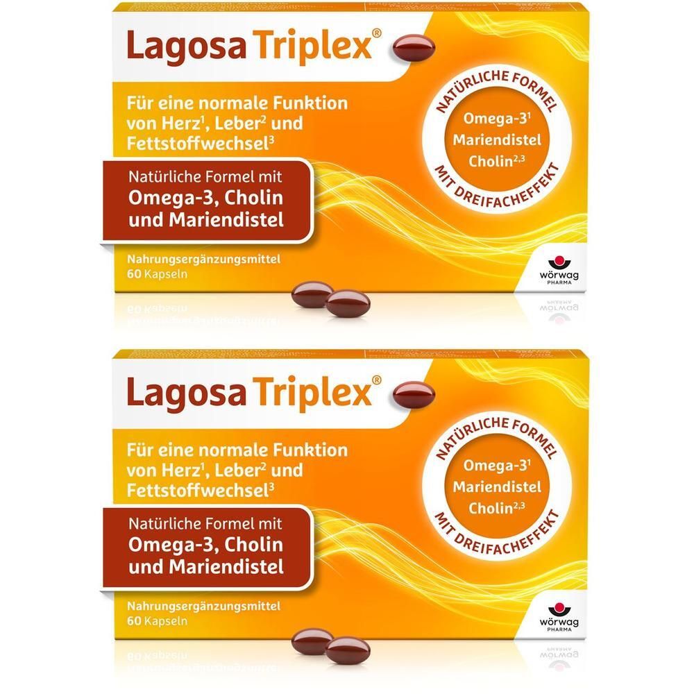 Zwei Packungen LAGOSA Triplex Weichkapseln, 60 Kapseln pro Packung.