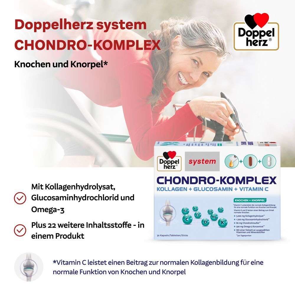 Produkt DOPPELHERZ Chondro-Komplex, mit Frau. Enthält Kollagenhydrolysat, Glucosaminhydrochlorid und Omega-3. Plus 22 weitere Inhaltsstoffe.