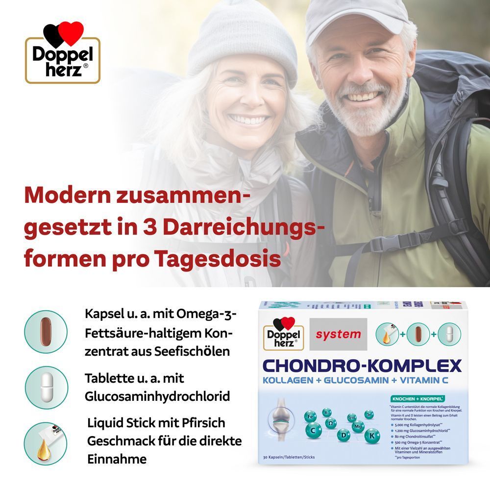 Produkt DOPPELHERZ Chondro-Komplex, mit Mann und Frau. Kapsel, Tablette und Liquid Stick. Enthält Omega-3, Glucosaminhydrochlorid.