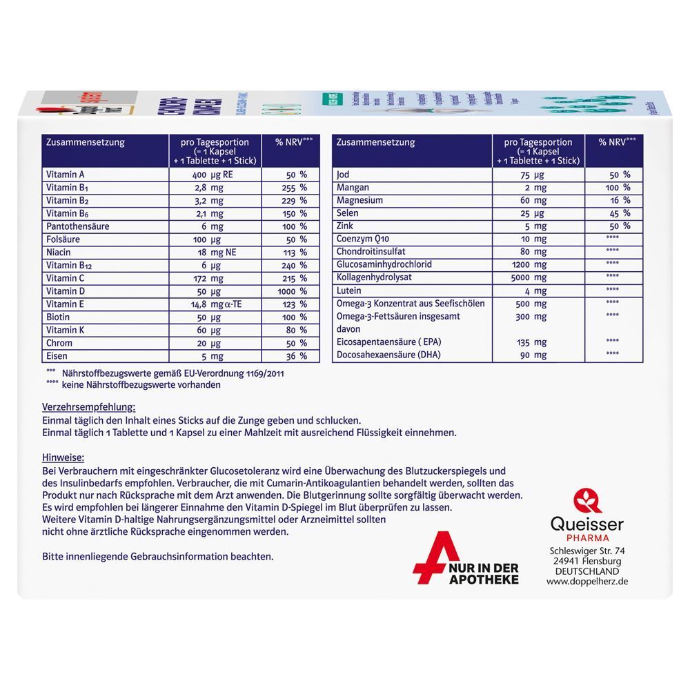 Nährwerttabelle des DOPPELHERZ Chondro-Komplex. Pro Tagesportion (1 Tablette + 1 Stick) und % NRV. Enthält Vitamine und Mineralstoffe.