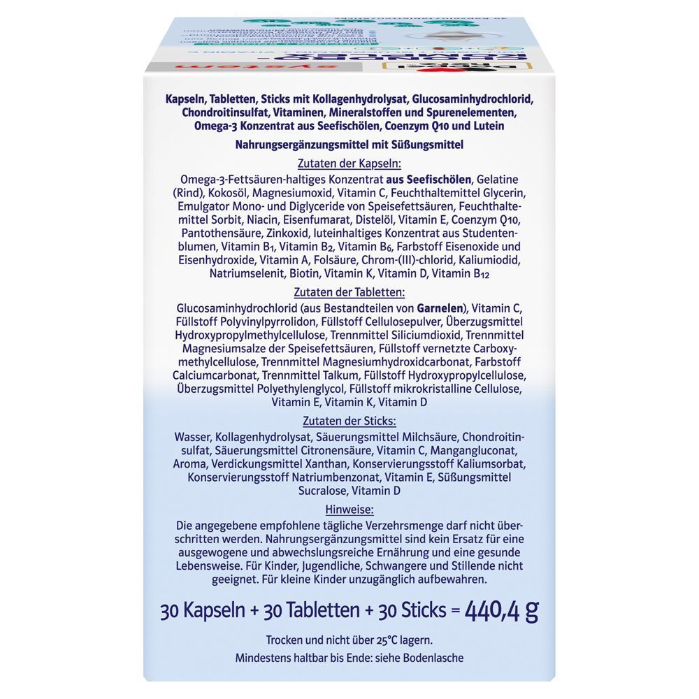 Zutatenliste des DOPPELHERZ Chondro-Komplex. Kapseln, Tabletten und Sticks. Enthält Omega-3, Glucosaminhydrochlorid, Vitamine und Mineralstoffe.