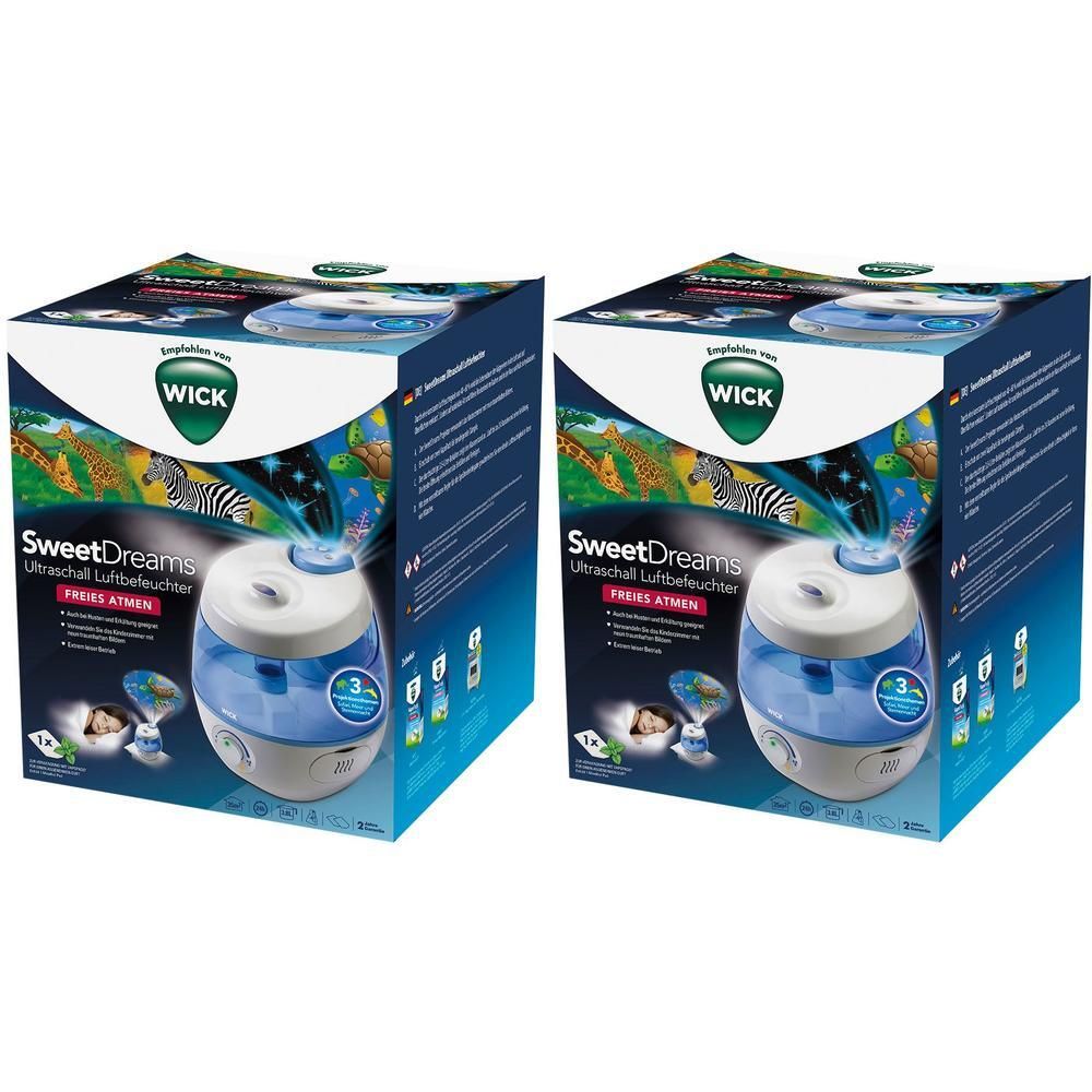 Zwei Produktverpackungen des WICK SweetDreams 2in1 Ultraschall Luftbefeuchters. Blaue und weiße Geräte mit kindlichen Motiven auf der Verpackung.