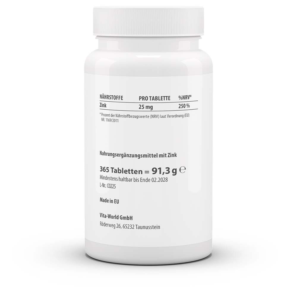 Weiße Flasche mit Etikett. Aufschrift: Nährstoffe, Zink 25 mg, 365 Tabletten, Mindestens haltbar bis Ende 02.2028.