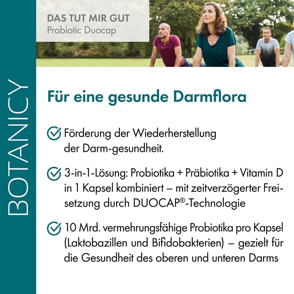 Text mit Überschrift: Für eine gesunde Darmflora. 3-in-1-Lösung: Probiotika + Präbiotika + Vitamin D. 10 Mrd. vermehrungsfähige Probiotika pro Kapsel.