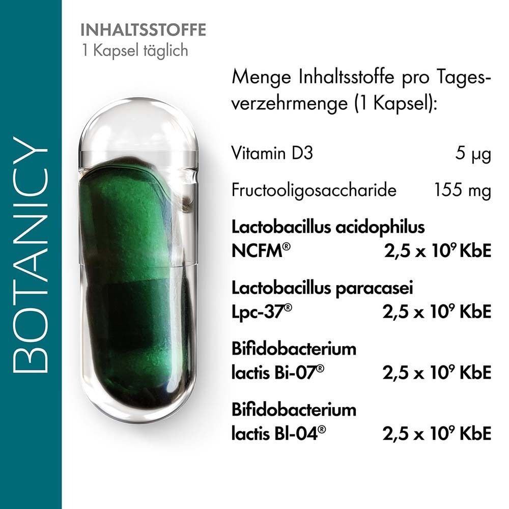Inhaltsstoffe pro Kapsel: Vitamin D3, Fructooligosaccharide, Lactobacillus acidophilus, Lactobacillus paracasei, Bifidobacterium lactis. Nährwerttabelle.