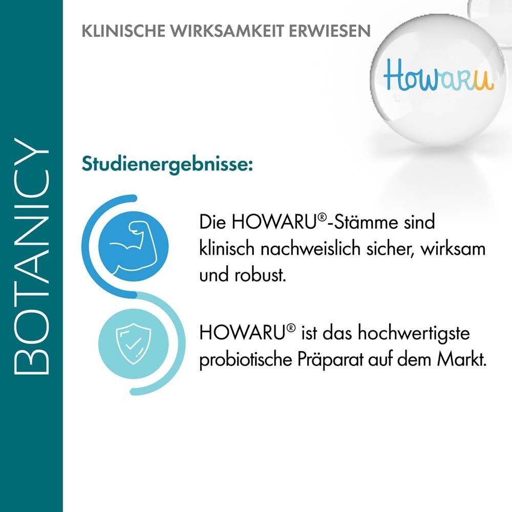 Text: Klinische Wirksamkeit erwiesen. HOWARU®-Stämme sind klinisch nachweislich sicher, wirksam und robust. HOWARU® ist das hochwertigste probiotische Präparat.