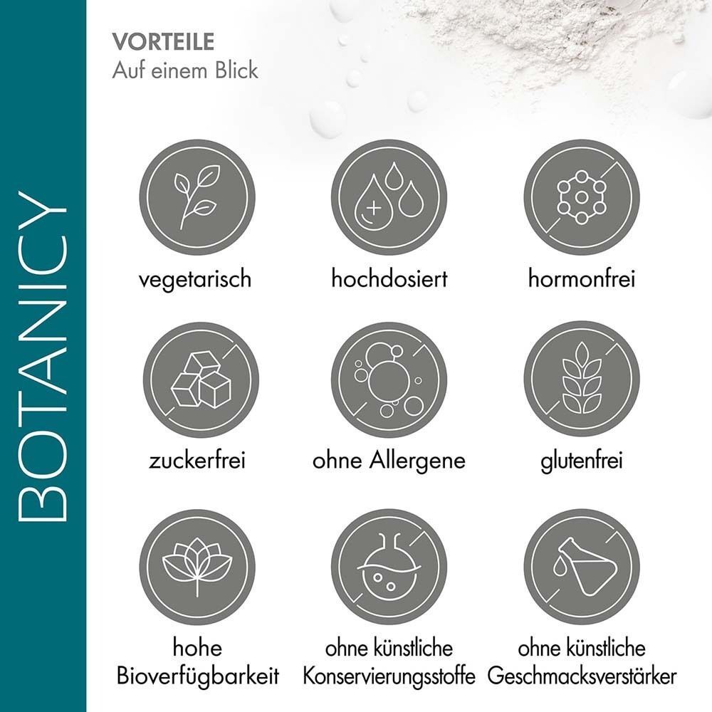 Icons: vegetarisch, hochdosiert, hormonfrei, zuckerfrei, ohne Allergene, glutenfrei, hohe Bioverfügbarkeit, ohne künstliche Konservierungsstoffe, ohne künstliche Geschmacksverstärker.
