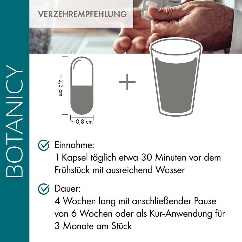 Einnahme: 1 Kapsel täglich etwa 30 Minuten vor dem Frühstück mit ausreichend Wasser. Dauer: 4 Wochen mit Pause oder als Kur für 3 Monate.