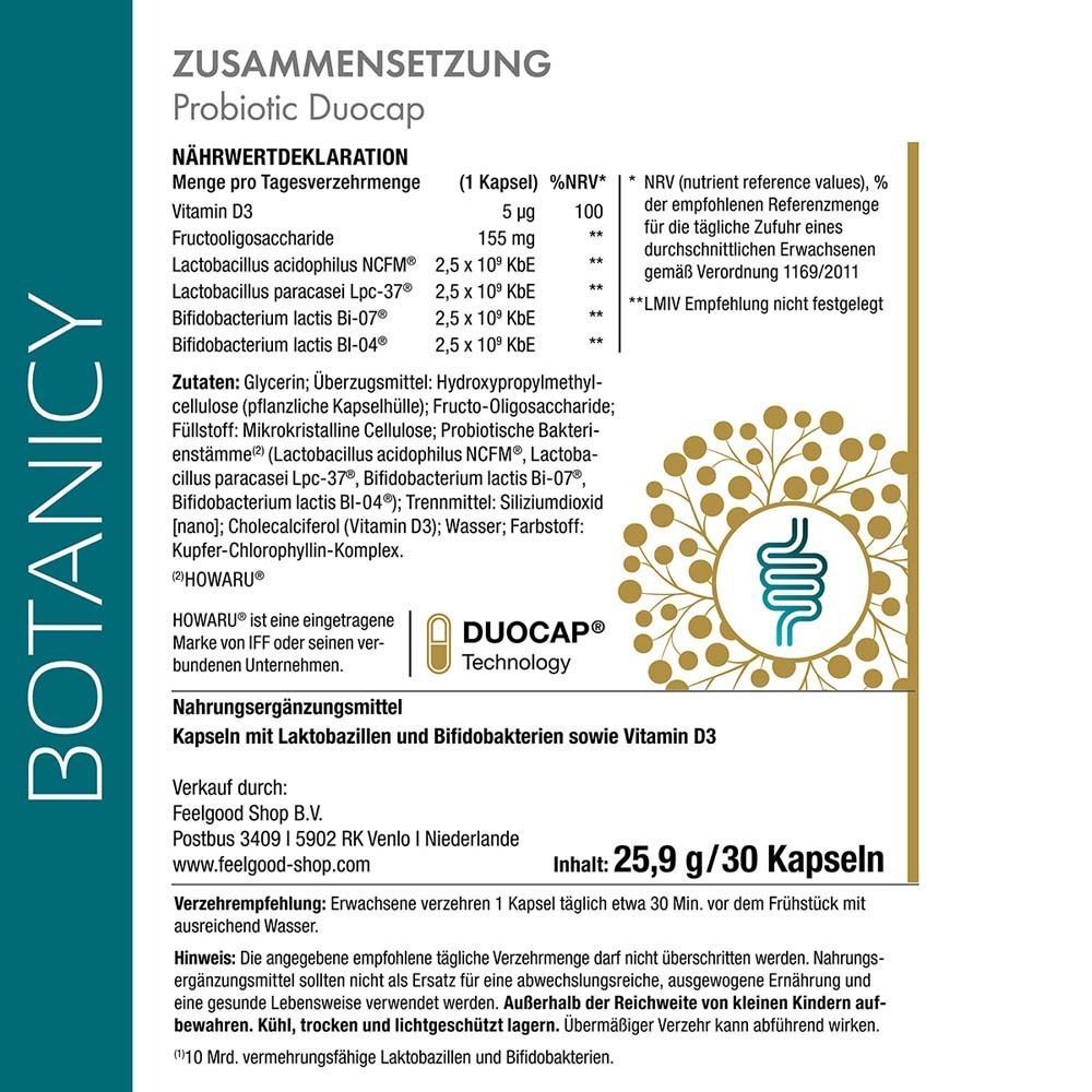 Nährwertdeklaration: Probiotische Duo-Kapseln. Inhaltsstoffe, Nährwerte, Verzehrempfehlung. Herstellerinformationen. Enthält 30 Kapseln.