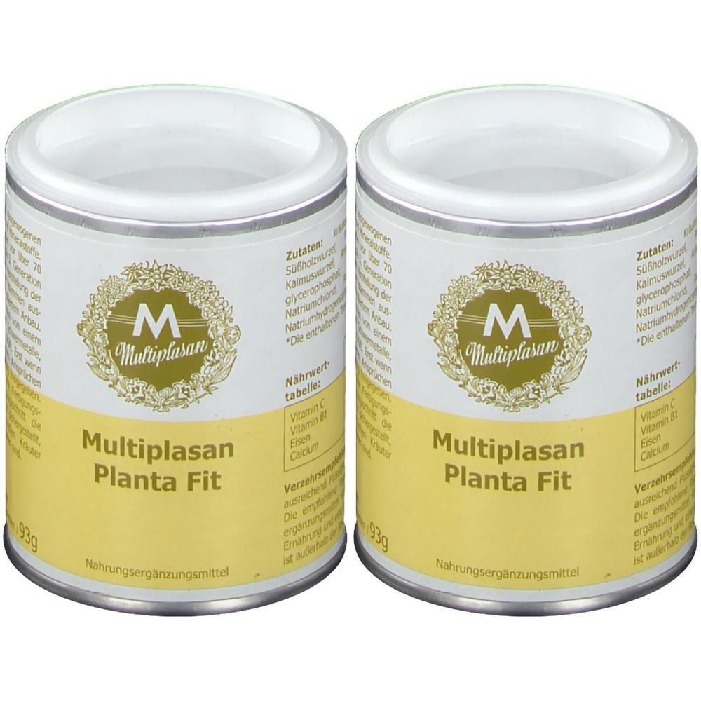 Zwei Dosen Multiplasan Planta Fit. Weiße Deckel, gelbe Etiketten mit Text und Logo. Nahrungsergänzungsmittel.