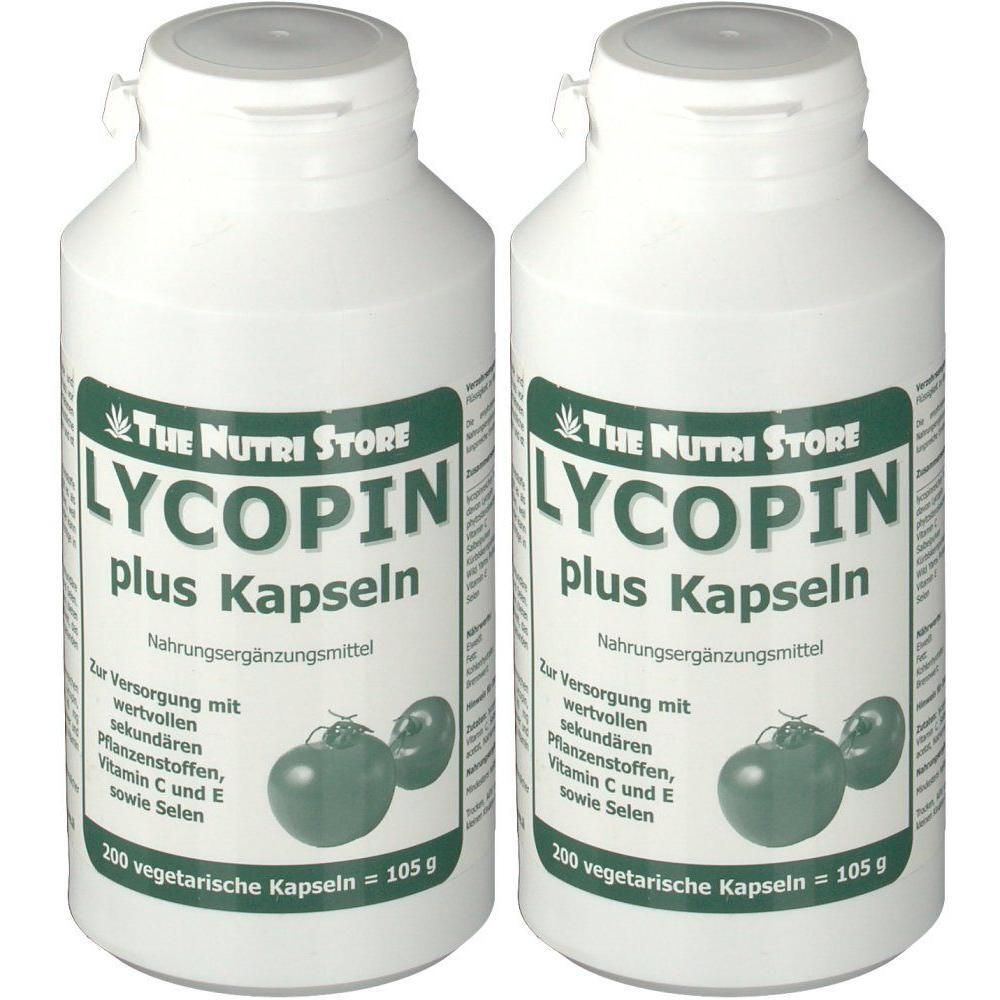 Zwei weiße Flaschen mit Etiketten. Aufschrift: LYCOPIN plus Kapseln. Nahrungsergänzungsmittel. 200 vegetarische Kapseln = 105 g.