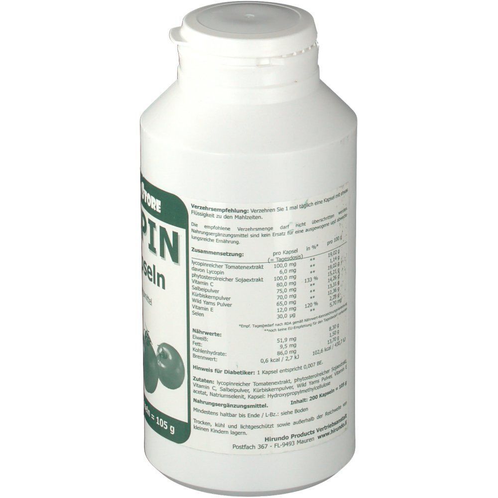Weiße Flasche mit Etikett. Aufschrift: LYCOPIN plus Kapseln. Nahrungsergänzungsmittel. 200 vegetarische Kapseln = 105 g. Detailansicht der Inhaltsstoffe.