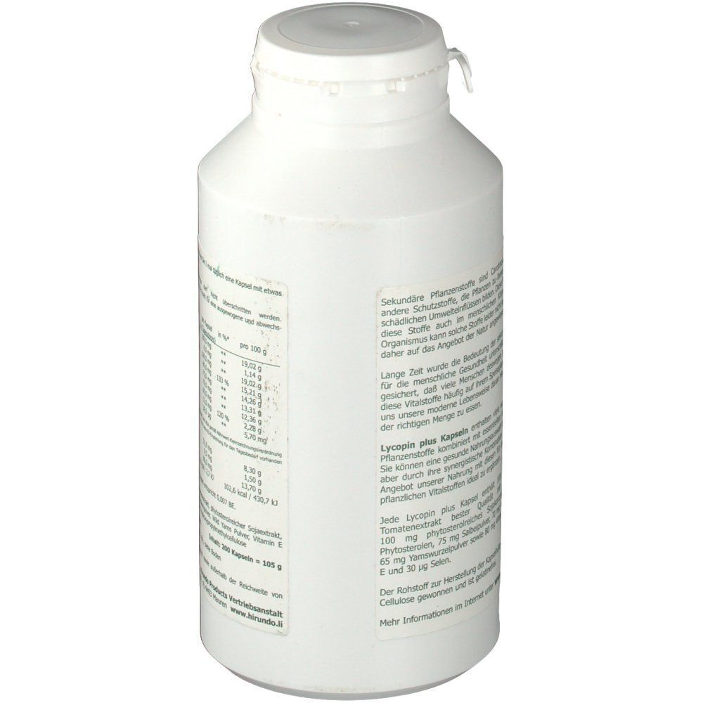 Weiße Flasche mit Etikett. Aufschrift: LYCOPIN plus Kapseln. Nahrungsergänzungsmittel. Text mit Informationen zu den Inhaltsstoffen und der Anwendung.