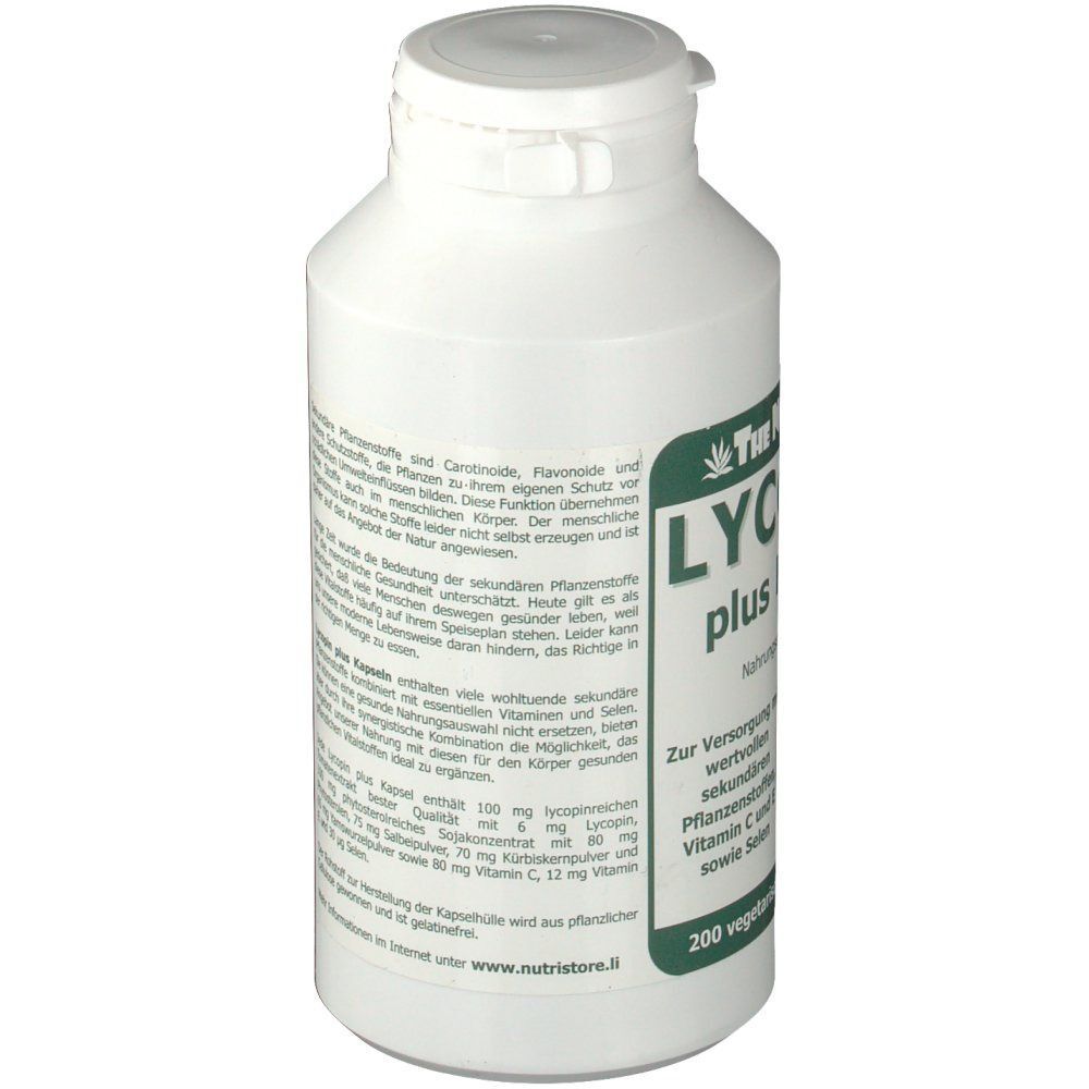Weiße Flasche mit Etikett. Aufschrift: LYCOPIN plus Kapseln. Nahrungsergänzungsmittel. Text mit Informationen zu den Inhaltsstoffen und der Anwendung.