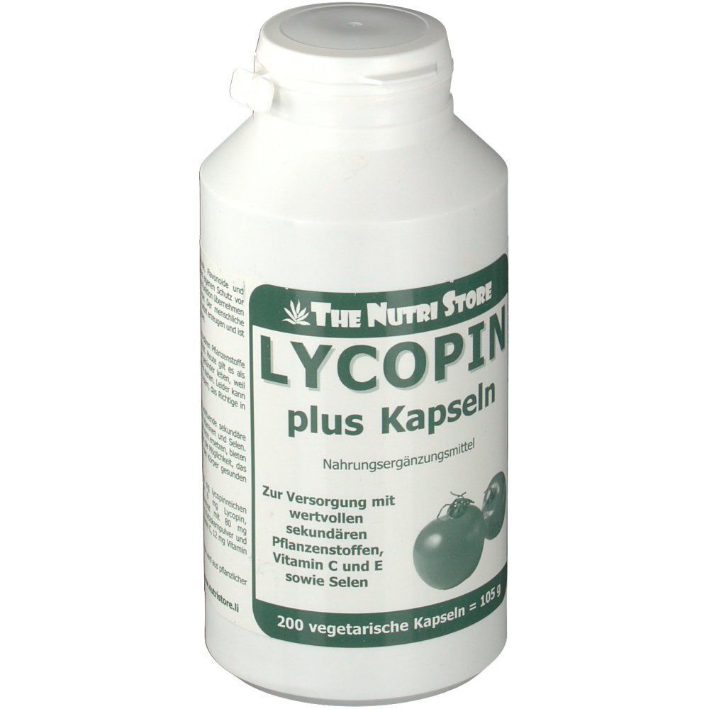 Weiße Flasche mit Etikett. Aufschrift: LYCOPIN plus Kapseln. Nahrungsergänzungsmittel. 200 vegetarische Kapseln = 105 g.