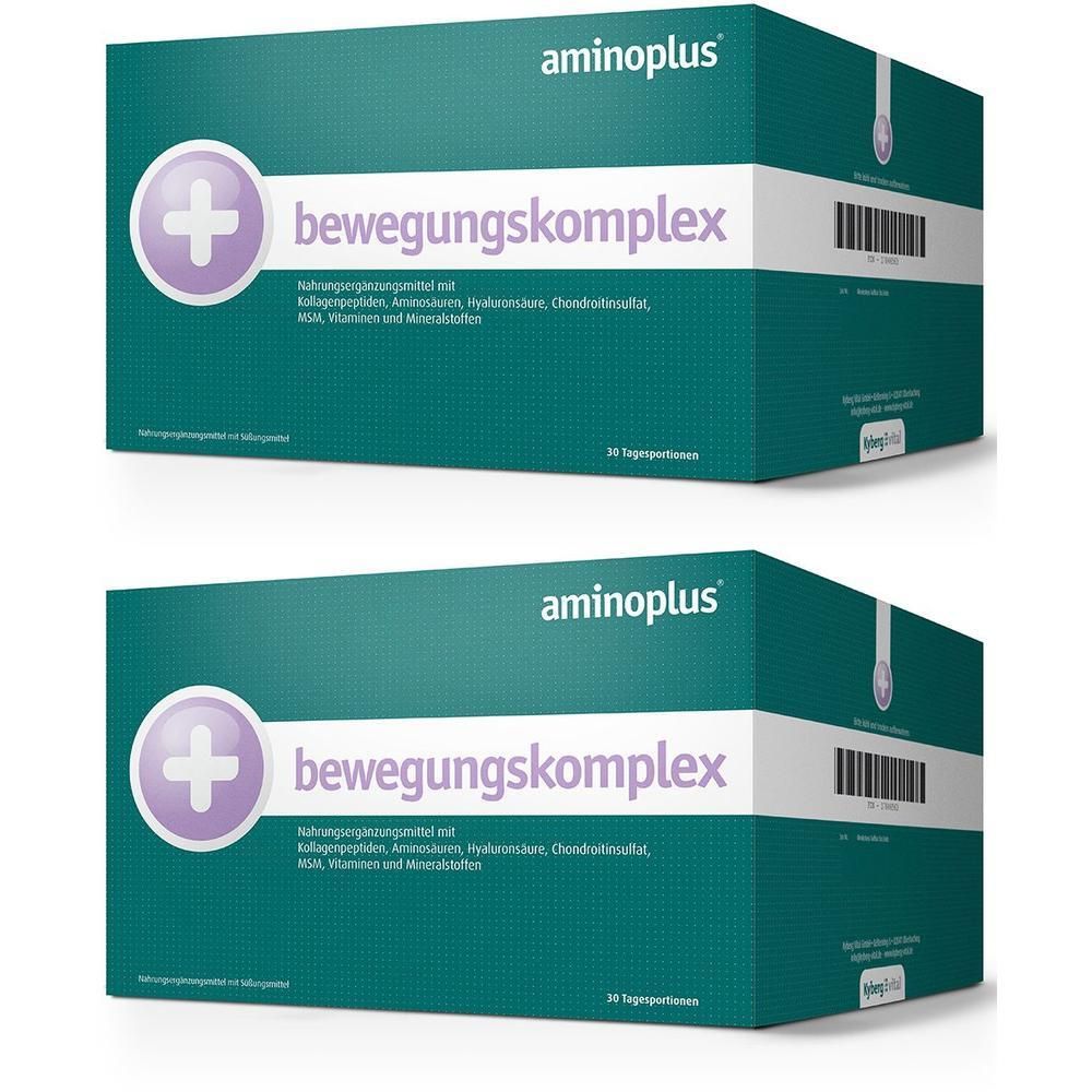 Zwei grüne Kartons mit weißer Schrift. Oben steht "aminoplus", darunter "bewegungskomplex". Ein Plus-Symbol ist sichtbar.