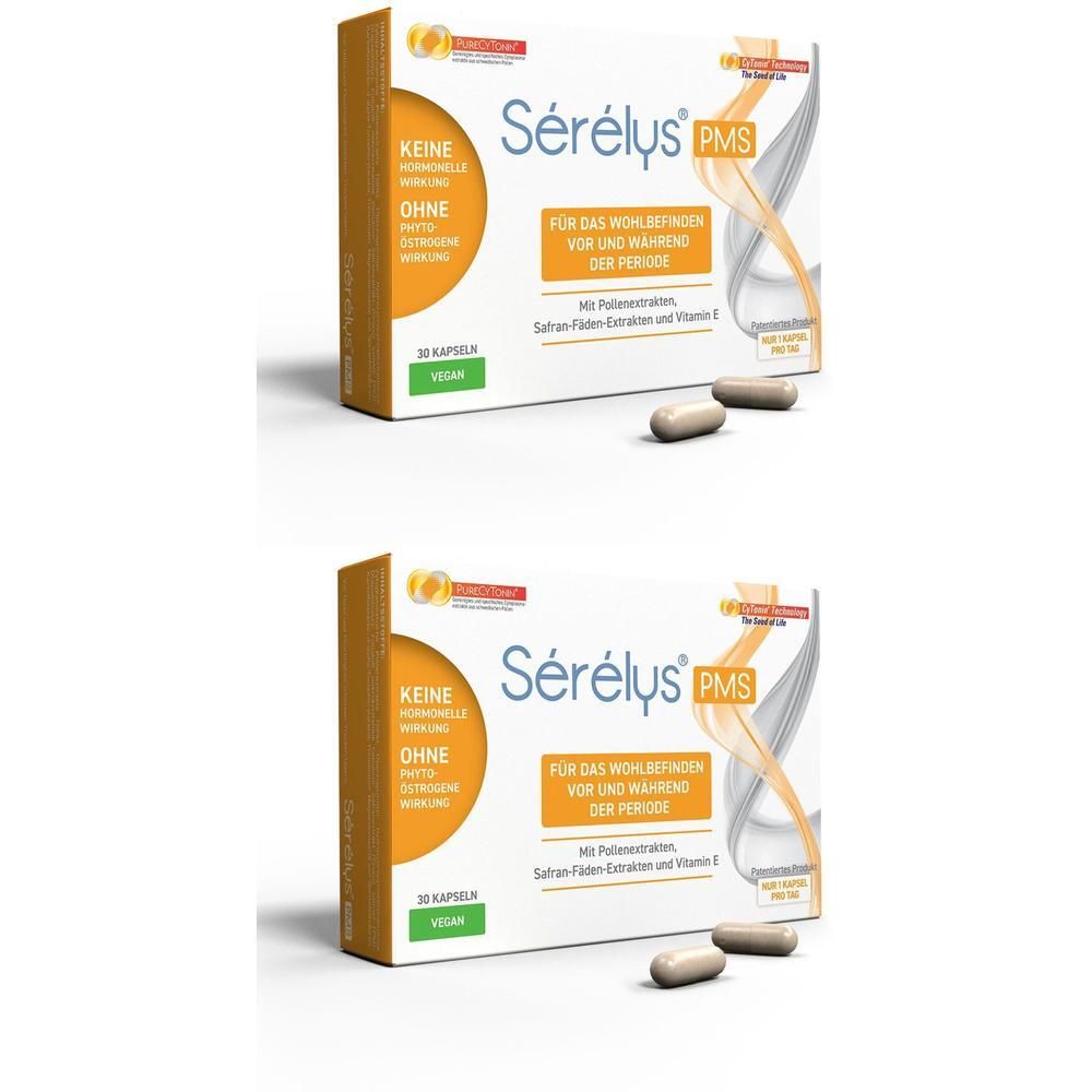 Zwei Packungen Sérélys PMS, Tabletten. Orange-weißes Design, Text. Einige Kapseln liegen daneben. Vegan.