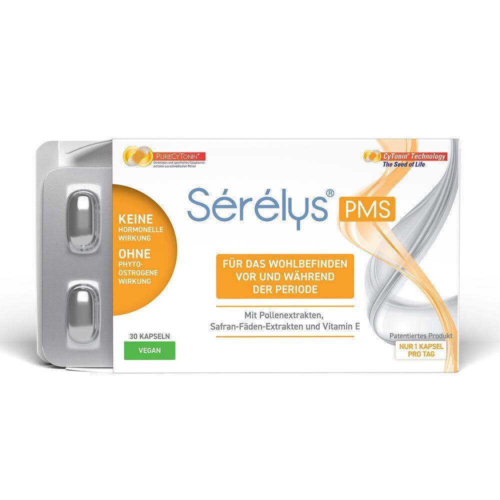 Sérélys PMS-Packung mit Tabletten. Weiß-orangefarbenes Design, Text. Blisterpackung mit Kapseln. Vegan.
