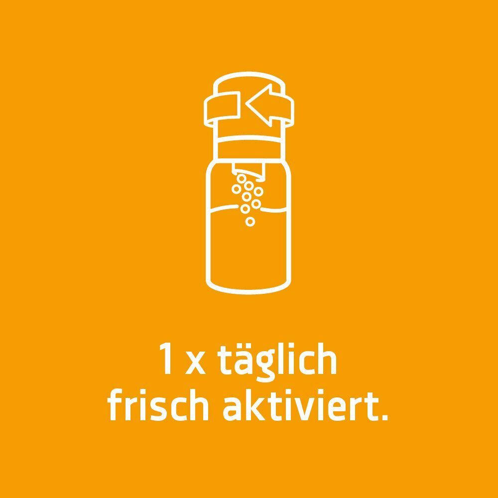Illustration einer Flasche, die frisch aktiviert wird, mit Text '1x täglich frisch aktiviert'.