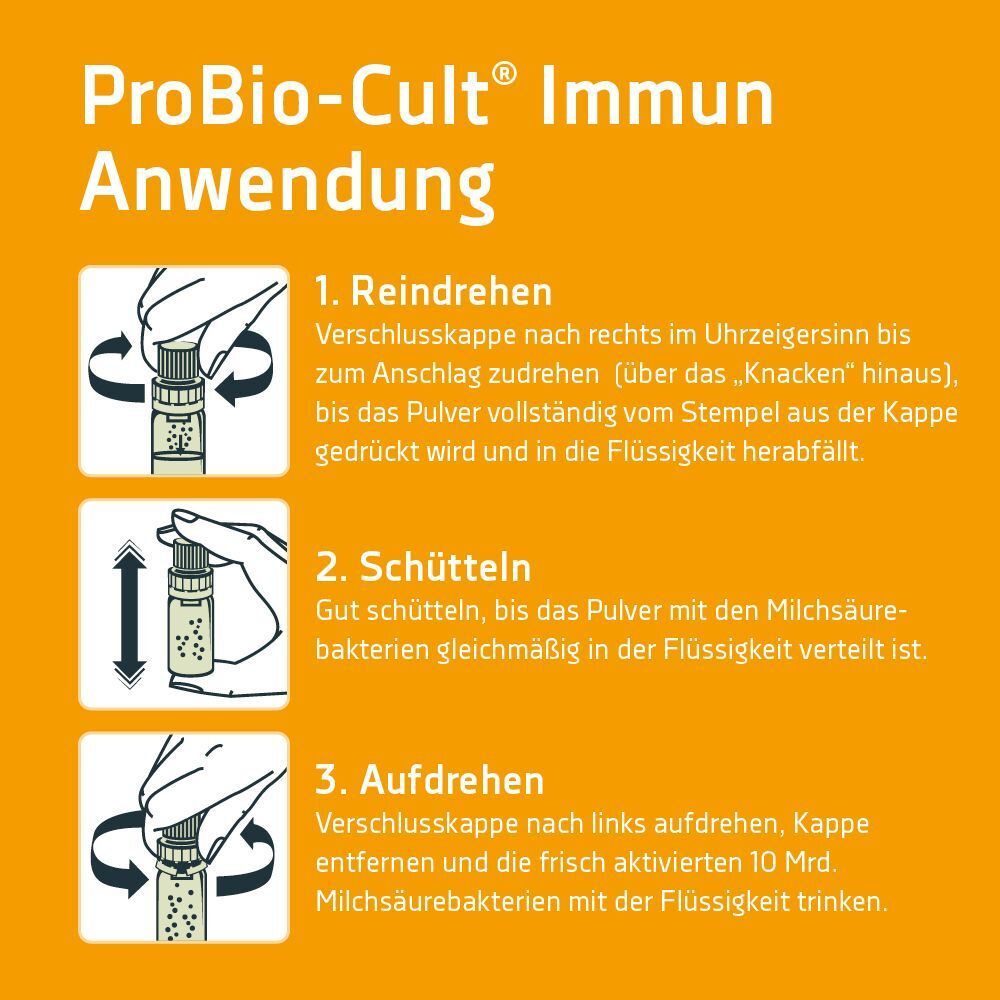 Anwendungshinweise für SYXYL PROBIO-CULT Immun: Eindrehen, Schütteln, Aufdrehen.