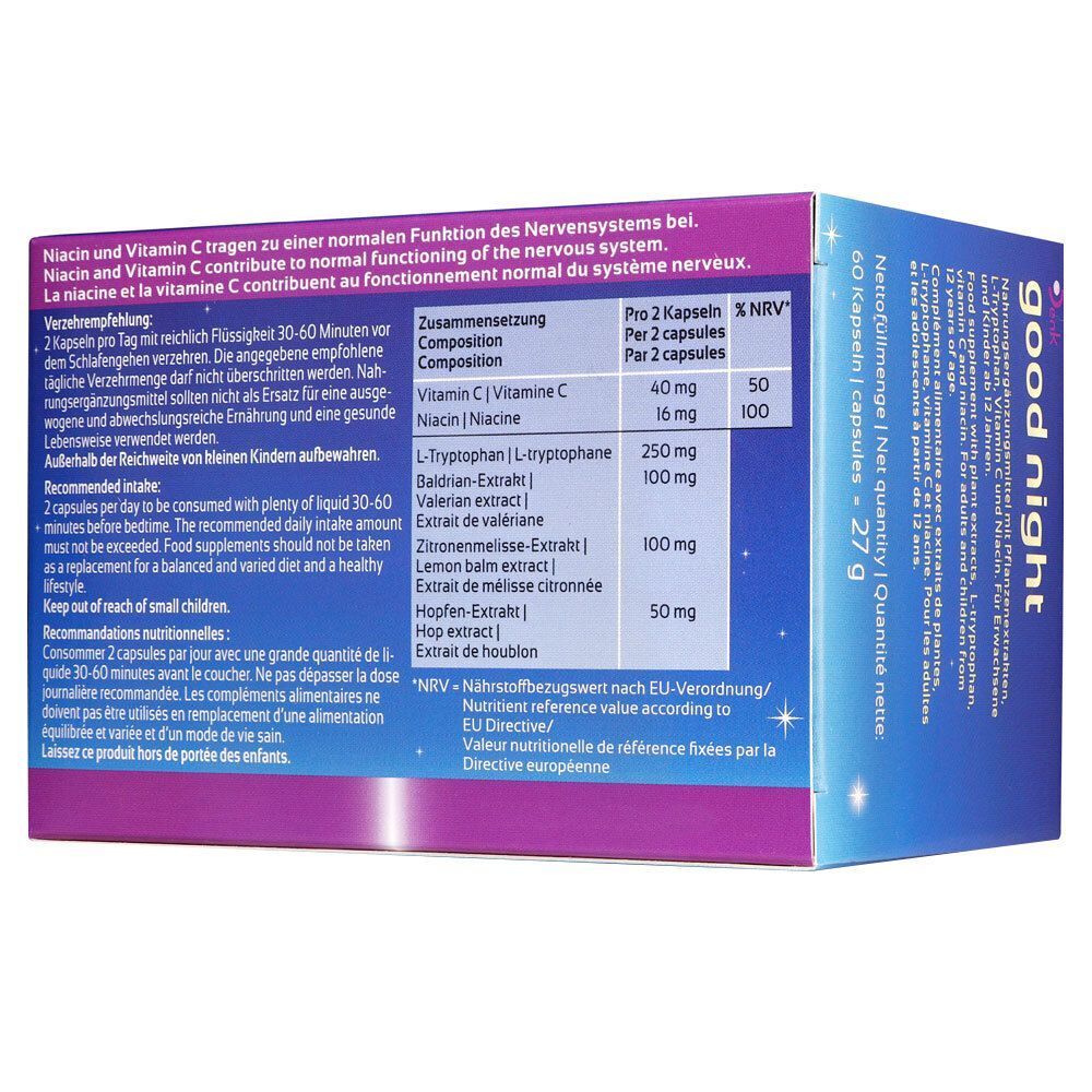 Verpackung 'good night'. Blaue Schachtel mit Text und Inhaltsangaben. Enthält 60 Kapseln. Text: Niacin und Vitamin C.