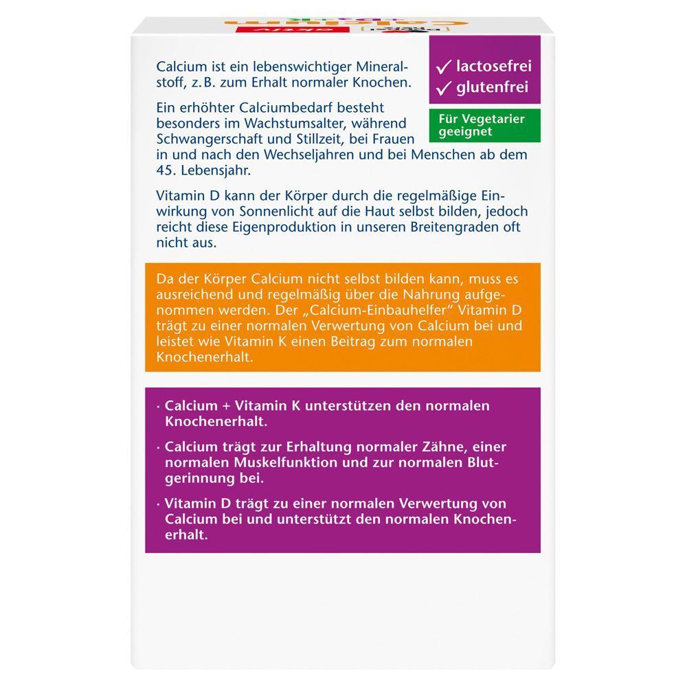 Rückseite einer Tablettenpackung. Textabschnitte beschreiben Inhaltsstoffe und Vorteile. Enthält Informationen zu Calcium, Vitamin D und K.