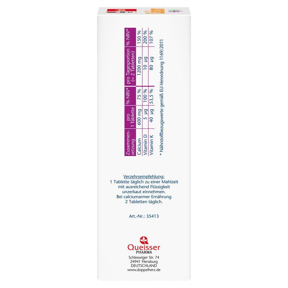 Seitenansicht der Tablettenpackung. Enthält Nährwertangaben pro Tablette und pro Portion. Zeigt Informationen zu Calcium, Vitamin D und K.