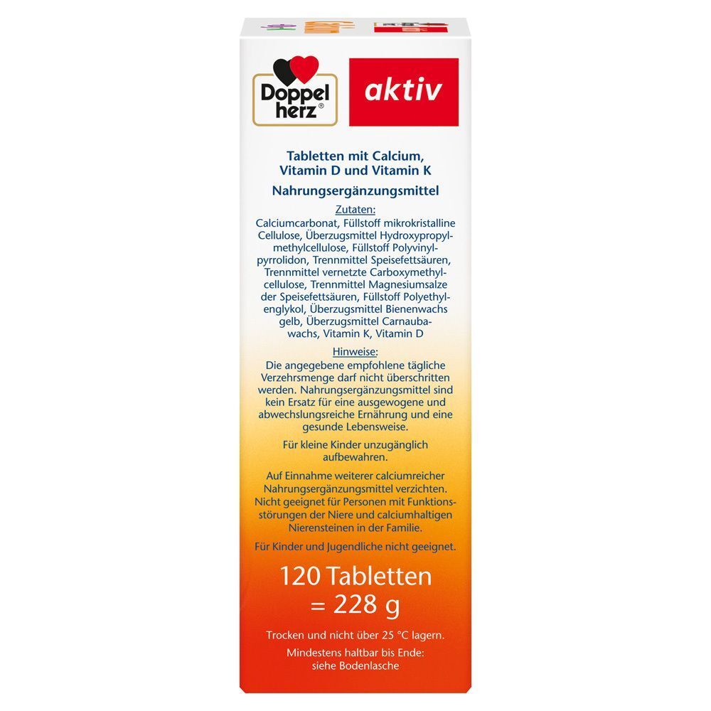 Oberfläche der Tablettenpackung. Zeigt Inhaltsstoffe, Hinweise und die Anzahl der Tabletten. Enthält Informationen zu Calcium, Vitamin D und K.